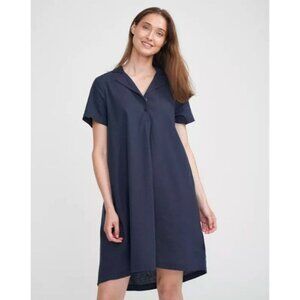 Holebrook Sweden Navy Marina Short Sleeve Linen Midi Dress 1/4 button V-neck S